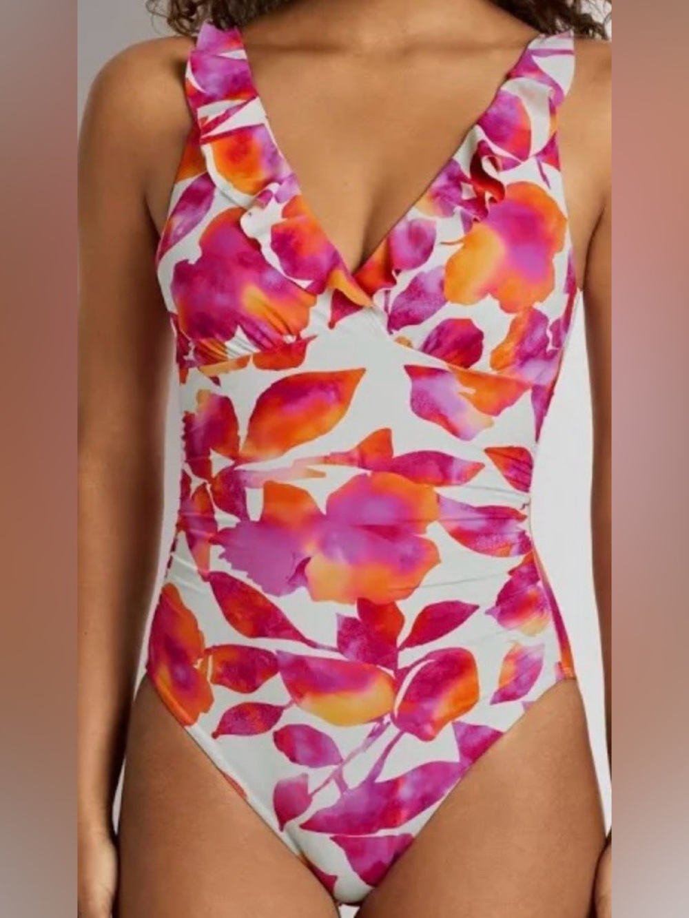 NWT Lauren Ralph Lauren Bougainvillea Floral Ruffle Surplice One Piece Swimsuit